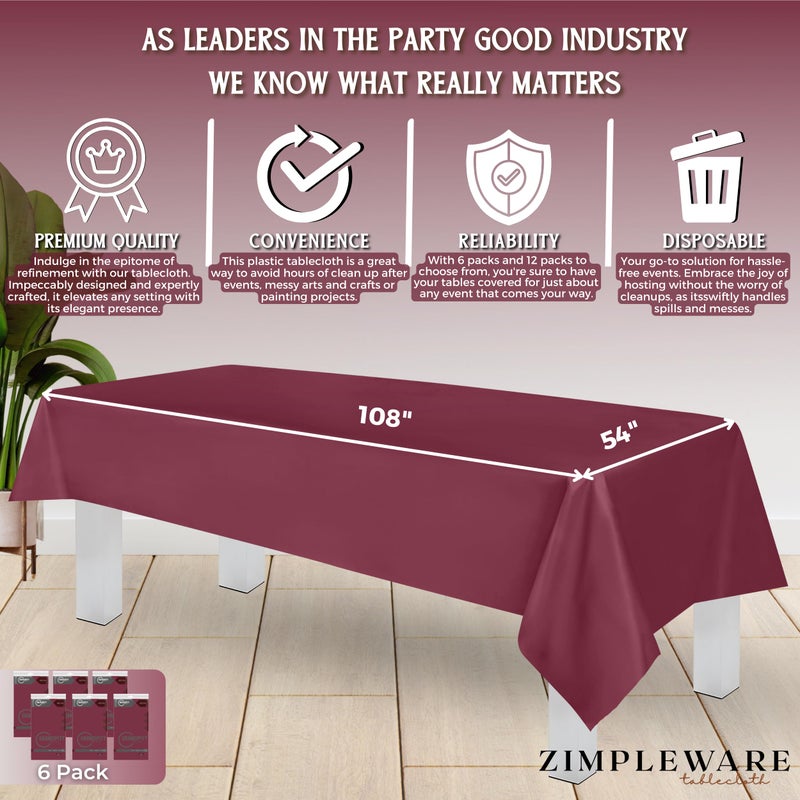 ZIMPLEWARE Premium Berry Plastic Table Cloth Disposable (6 Pk) Plastic Tablecloths for Rectangle Tables (54in x 108in) Party Table Cloths Disposable for 6ft to 8ft Rectangle Tables - Image 3